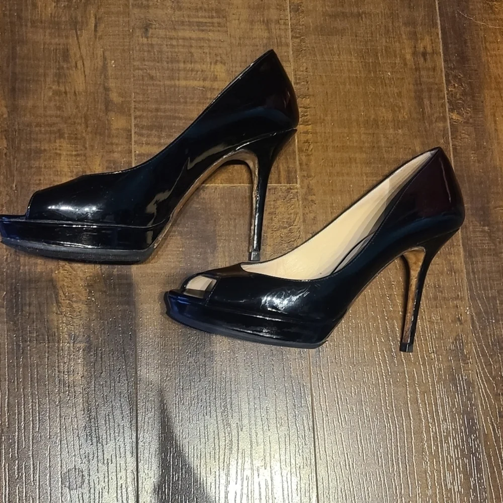 Jimmy Choo Black Patent Leather Peep Toe Platform Pumps - Picture 2 of 9